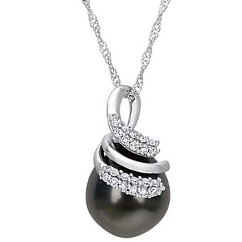 Stella Grace 14k White Gold Tahitian Cultured Pearl & 1/10 Carat T.W. Diamond Swirl Pendant Necklace