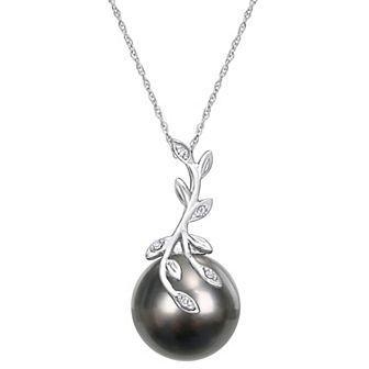 Stella Grace 14k White Gold Tahitian Cultured Pearl & Diamond Accent Leaf Pendant Necklace