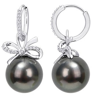 Stella Grace 14k White Gold Tahitian Cultured Pearl & 1/4 Carat T.W. Diamond Bow Hoop Drop Earrings