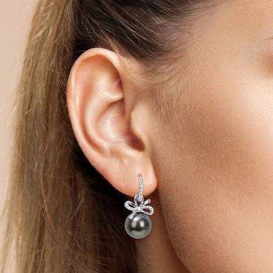 Stella Grace 14k White Gold Tahitian Cultured Pearl & 1/4 Carat T.W. Diamond Bow Hoop Drop Earrings