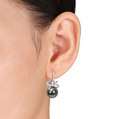 Stella Grace 14k White Gold Tahitian Cultured Pearl & 1/4 Carat T.W. Diamond Bow Hoop Drop Earrings