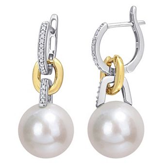 Stella Grace 14k Two-Tone Gold Freshwater Cultured Pearl & 1/10 Carat T.W. Diamond Hoop Drop Earrings