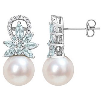 Stella Grace 14k White Gold Freshwater Cultured Pearl, Aquamarine & 1/8 Carat T.W Diamond Drop Earrings