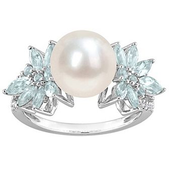 Stella Grace 14k White Gold Freshwater Cultured Pearl, Aquamarine & 1/8 Carat T.W Diamond Flower Ring
