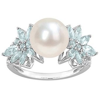 Stella Grace 14k White Gold Freshwater Cultured Pearl, Aquamarine & 1/8 Carat T.W Diamond Flower Ring