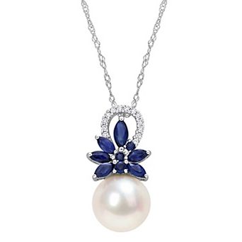 Stella Grace 14k White Gold Freshwater Cultured Pearl, Sapphire & Diamond Accent Flower Pendant Necklace