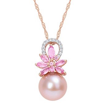 Stella Grace 14k Rose Gold Freshwater Cultured Pearl, Pink Sapphire & Diamond Accent Flower Pendant Necklace
