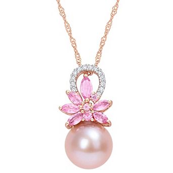 Stella Grace 14k Rose Gold Freshwater Cultured Pearl, Pink Sapphire & Diamond Accent Flower Pendant Necklace