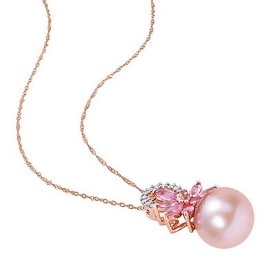 Stella Grace 14k Rose Gold Freshwater Cultured Pearl, Pink Sapphire & Diamond Accent Flower Pendant Necklace