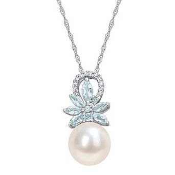 Stella Grace 14k White Gold Freshwater Cultured Pearl, Aquamarine & Diamond Accent Flower Pendant Necklace