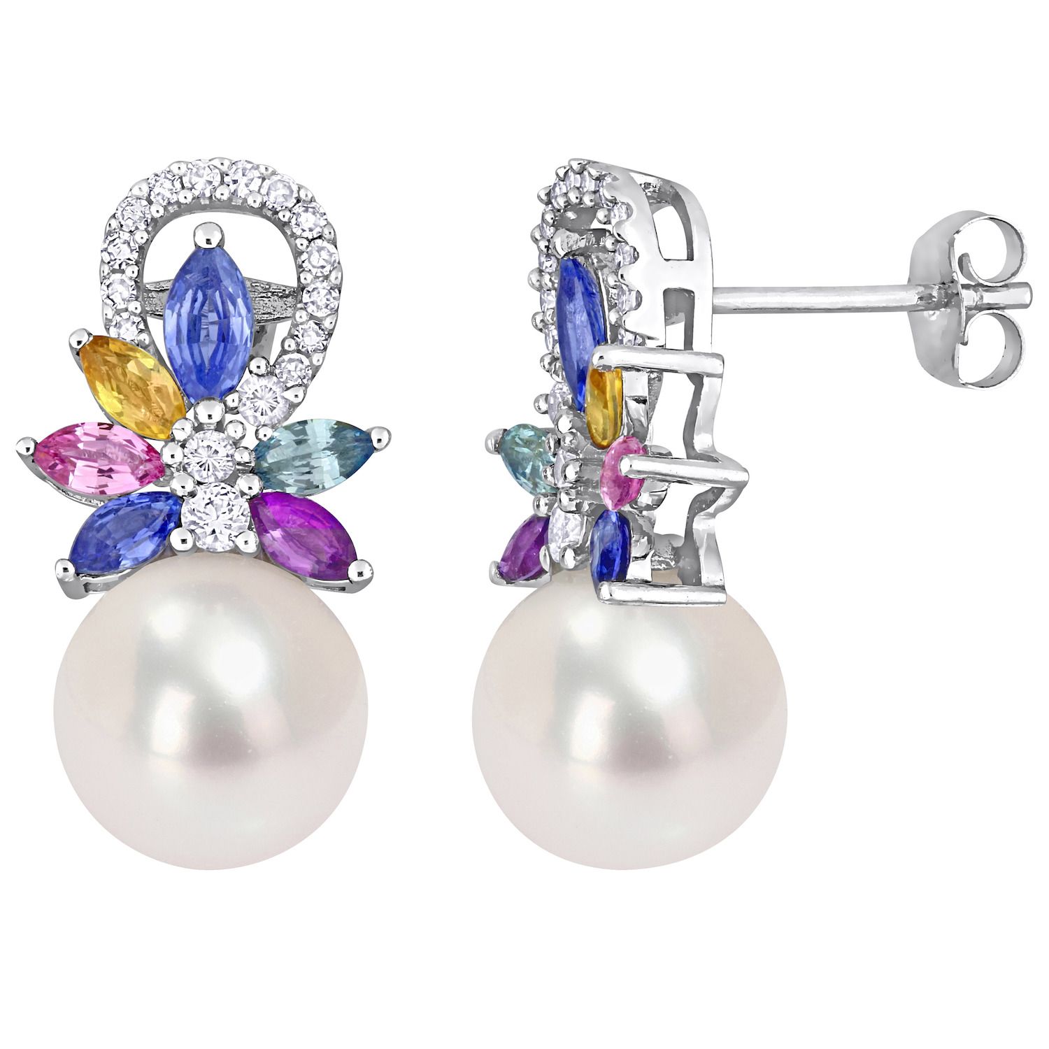 Buy Freshwater Pearl and Multi Sapphire Earrings in Sterling