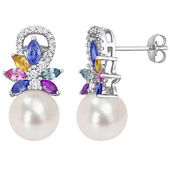 Stella Grace 14k White Gold Freshwater Cultured Pearl, Multicolor Sapphire & 1/8 Carat T.W. Diamond Flower Drop Earrings