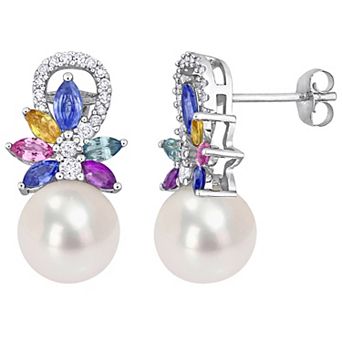 Stella Grace 14k White Gold Freshwater Cultured Pearl, Multicolor Sapphire & 1/8 Carat T.W. Diamond Flower Drop Earrings