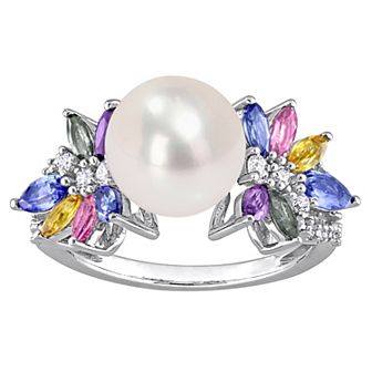 Stella Grace 14k White Gold Freshwater Cultured Pearl, Multicolor Sapphire & 1/8 Carat T.W. Diamond Flower Ring