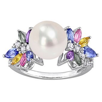 Stella Grace 14k White Gold Freshwater Cultured Pearl, Multicolor Sapphire & 1/8 Carat T.W. Diamond Flower Ring