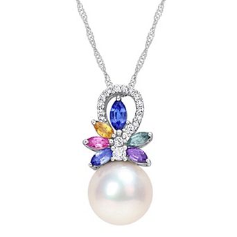 Stella Grace 14k White Gold Freshwater Cultured Pearl, Multicolor Sapphire & Diamond Accent Flower Necklace