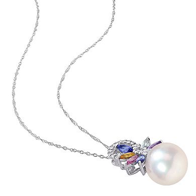 Stella Grace 14k White Gold Freshwater Cultured Pearl, Multicolor Sapphire & Diamond Accent Flower Necklace