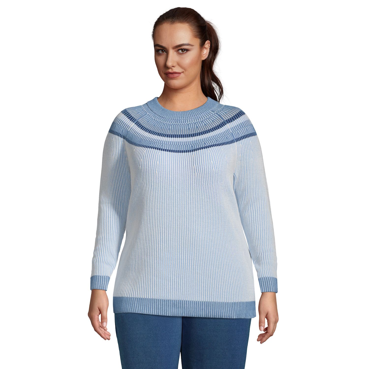 Image for Lands' End Plus Size Striped Yoke Cotton Drifter Shaker Doubled Crewneck Sweater at Kohl's.