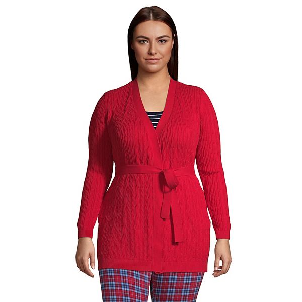 Plus Size Lands' End Fine Gauge Cotton Cable Knot Front Cardigan Sweater