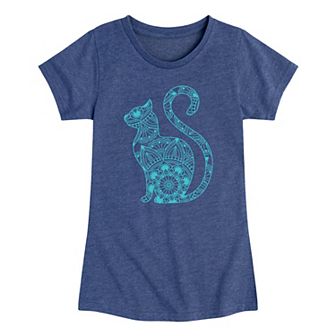 Girls 7-16 Mandala Cat Black Graphic Tee
