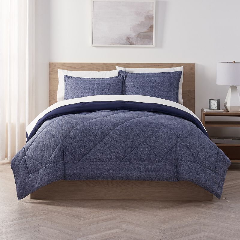 Serta SuperSoft Washed Solid to Print Cooling Comforter Set with Shams, Blu