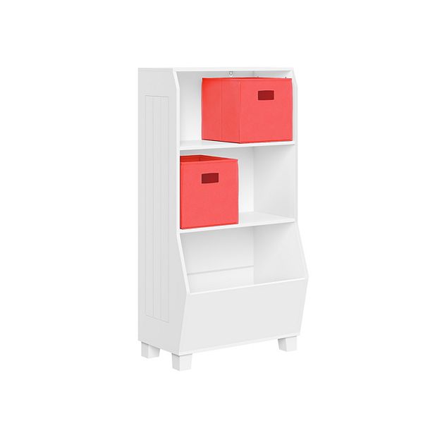 RiverRidge Kids 23in Playroom Bookshelf with Veggie Bin Organizer, 2 Open Toy Storage Shelves, and 2 Coral Fabric Bins