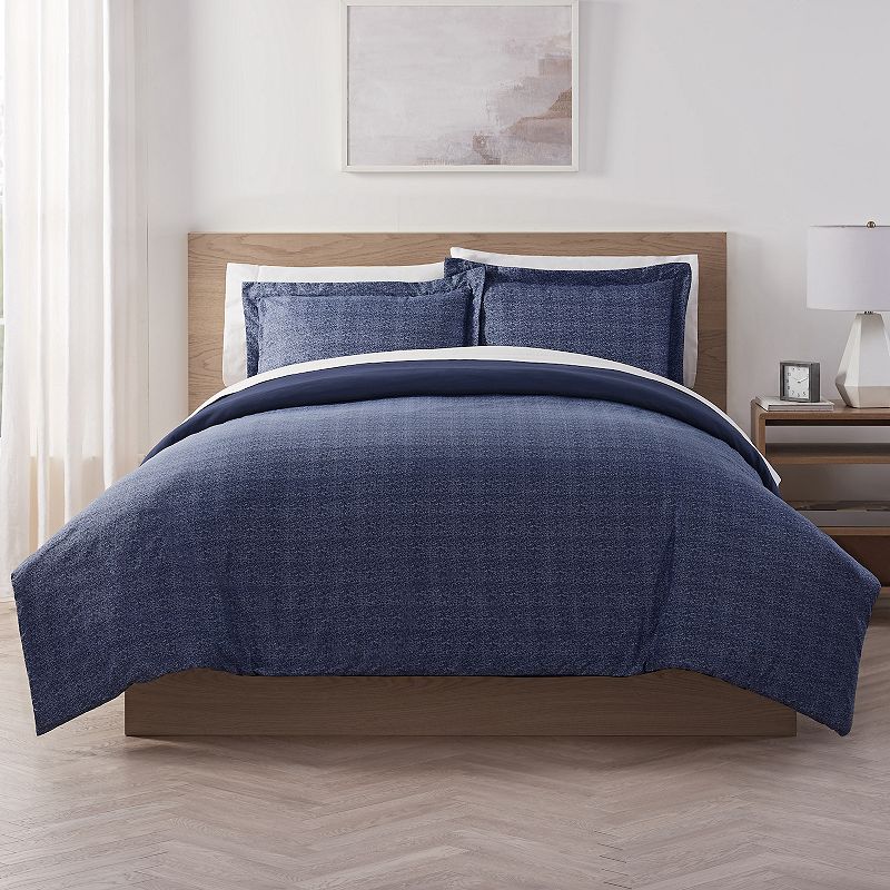 Serta Super Soft Washed Solid to Print Duvet Cover Set with Shams, Blue, Fu
