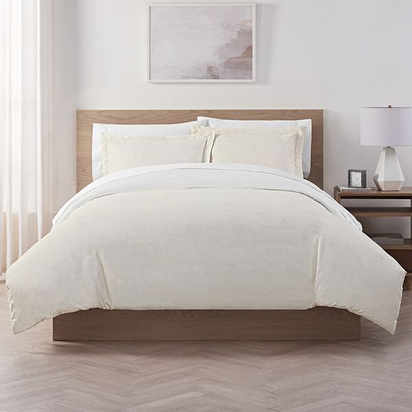 Serta Super Soft Washed Solid to Print Duvet Cover Set with Shams - Off White (KING)