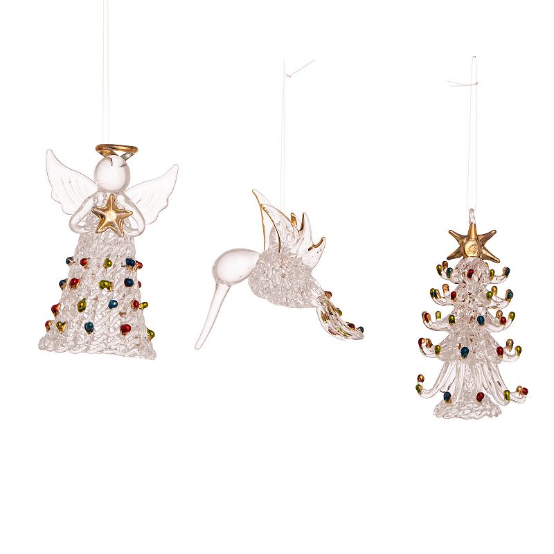 Glass Angel, Tree & Hummingbird Christmas Ornament 3-piece Set, Multicolor