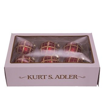 Red Gold Finish Plaid Ball Christmas Ornament 6 pc Set