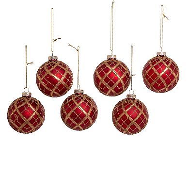 Red Gold Finish Plaid Ball Christmas Ornament 6-piece Set