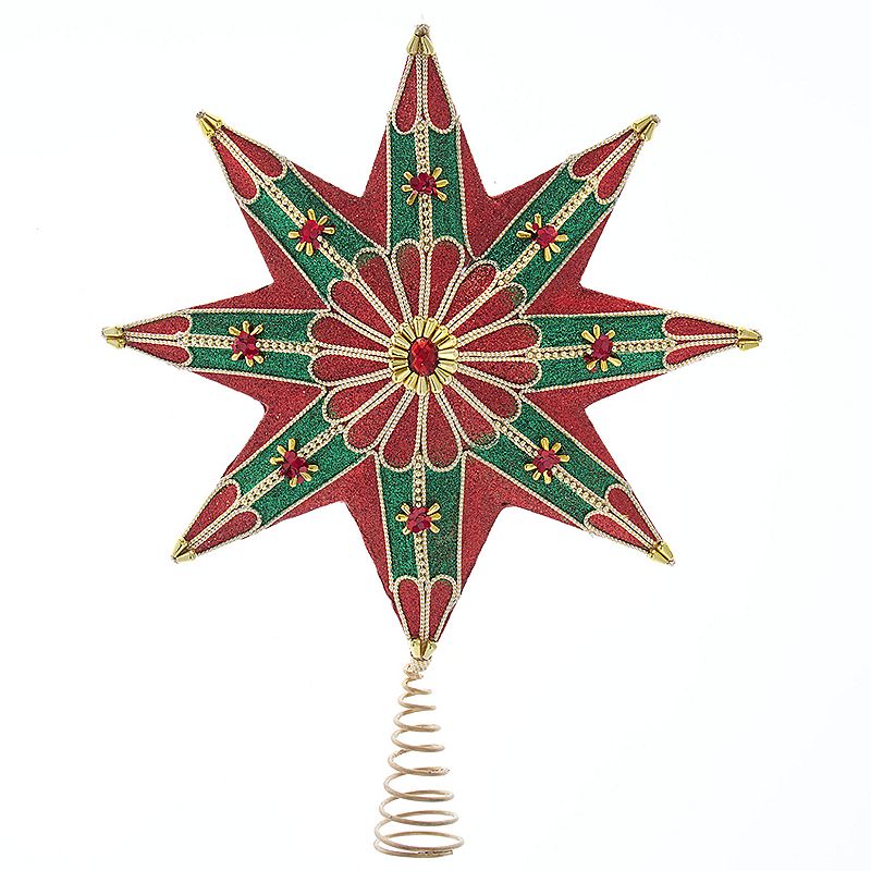 Kurt Adler 16-Inch 8-Point Red, Green, & Gold Traditional Star Tree Topper,