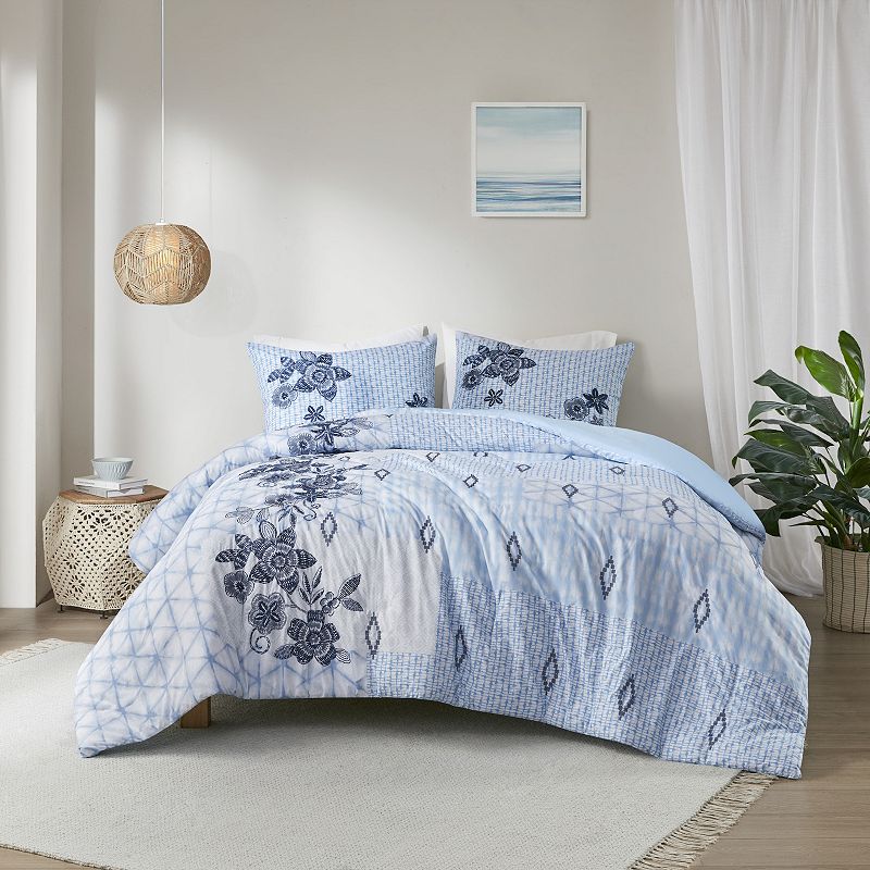 Madison Park Asa Cotton Embroidery Duvet Cover Set with Shams, Blue, King