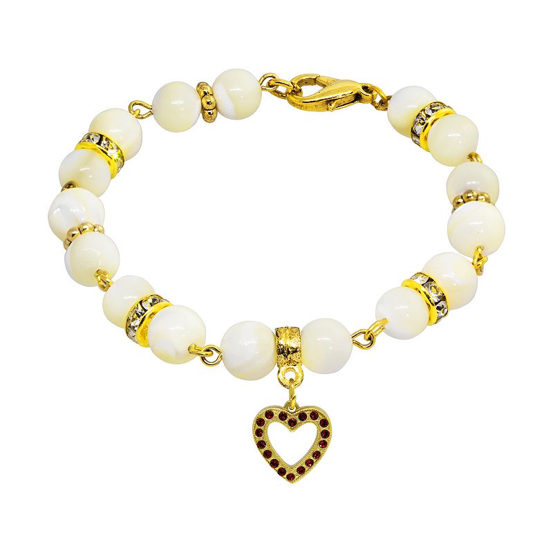 1928 Gold Tone Mother-of-Pearl & Simulated Crystal Birthstone Heart Bracele