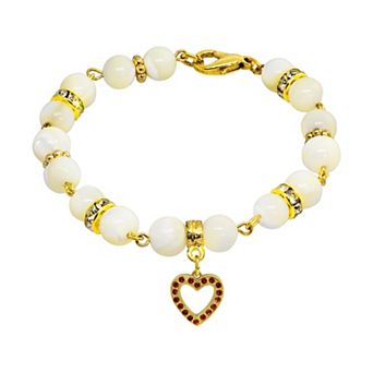 1928 Gold Tone Mother-of-Pearl & Simulated Crystal Birthstone Heart Bracelet
