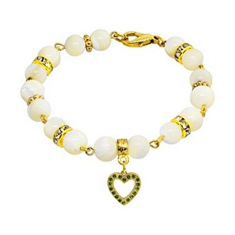 1928 Gold Tone Mother-of-Pearl & Simulated Crystal Birthstone Heart Bracelet