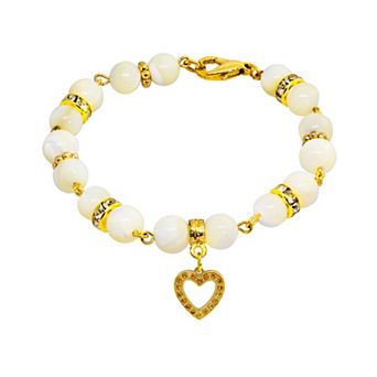 1928 Gold Tone Mother-of-Pearl & Simulated Crystal Birthstone Heart Bracelet