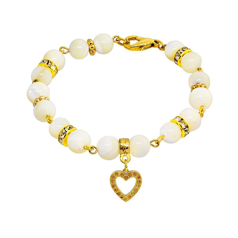 1928 Gold Tone Mother-of-Pearl & Simulated Crystal Birthstone Heart Bracele