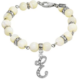 1928 Silver Tone Mother-of-Pearl & Simulated Crystal Initial Bracelet