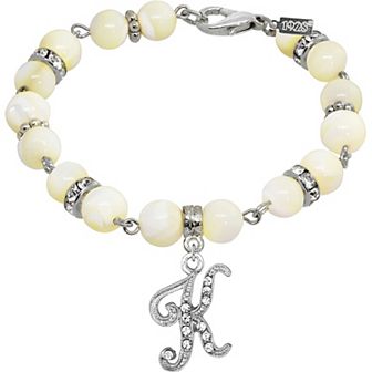1928 Silver Tone Mother-of-Pearl & Simulated Crystal Initial Bracelet