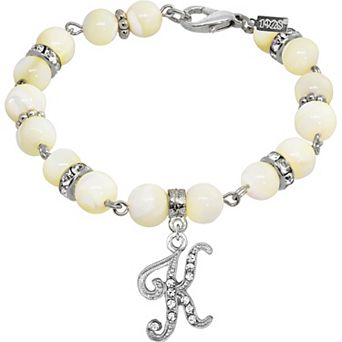 1928 Silver Tone Mother-of-Pearl & Simulated Crystal Initial Bracelet