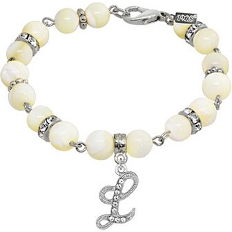 1928 Silver Tone Mother-of-Pearl & Simulated Crystal Initial Bracelet