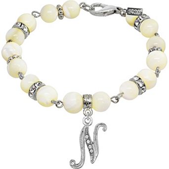 1928 Silver Tone Mother-of-Pearl & Simulated Crystal Initial Bracelet
