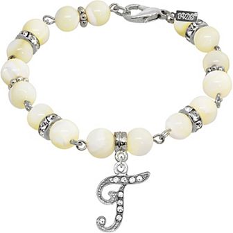 1928 Silver Tone Mother-of-Pearl & Simulated Crystal Initial Bracelet