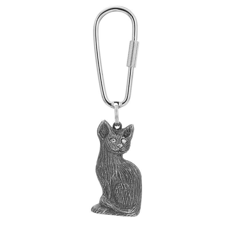 1928 Pewter Crystal Cat Key Chain, Silver