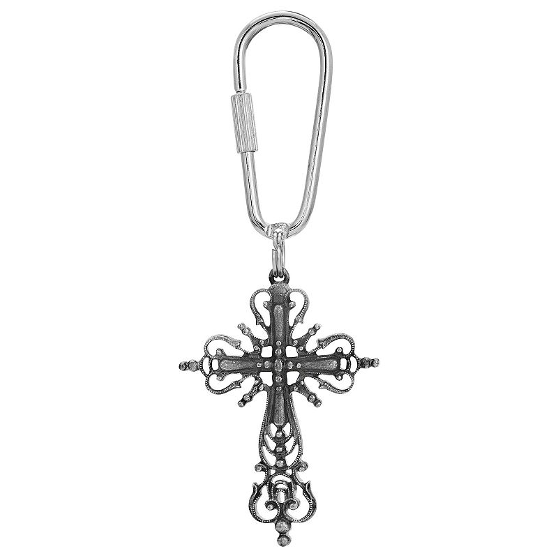 1928 Pewter Filigree Cross Key Chain, Silver