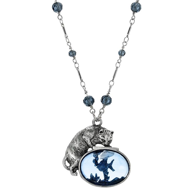 1928 Silver Tone Blue Beaded Cat & Fish Necklace, Womens