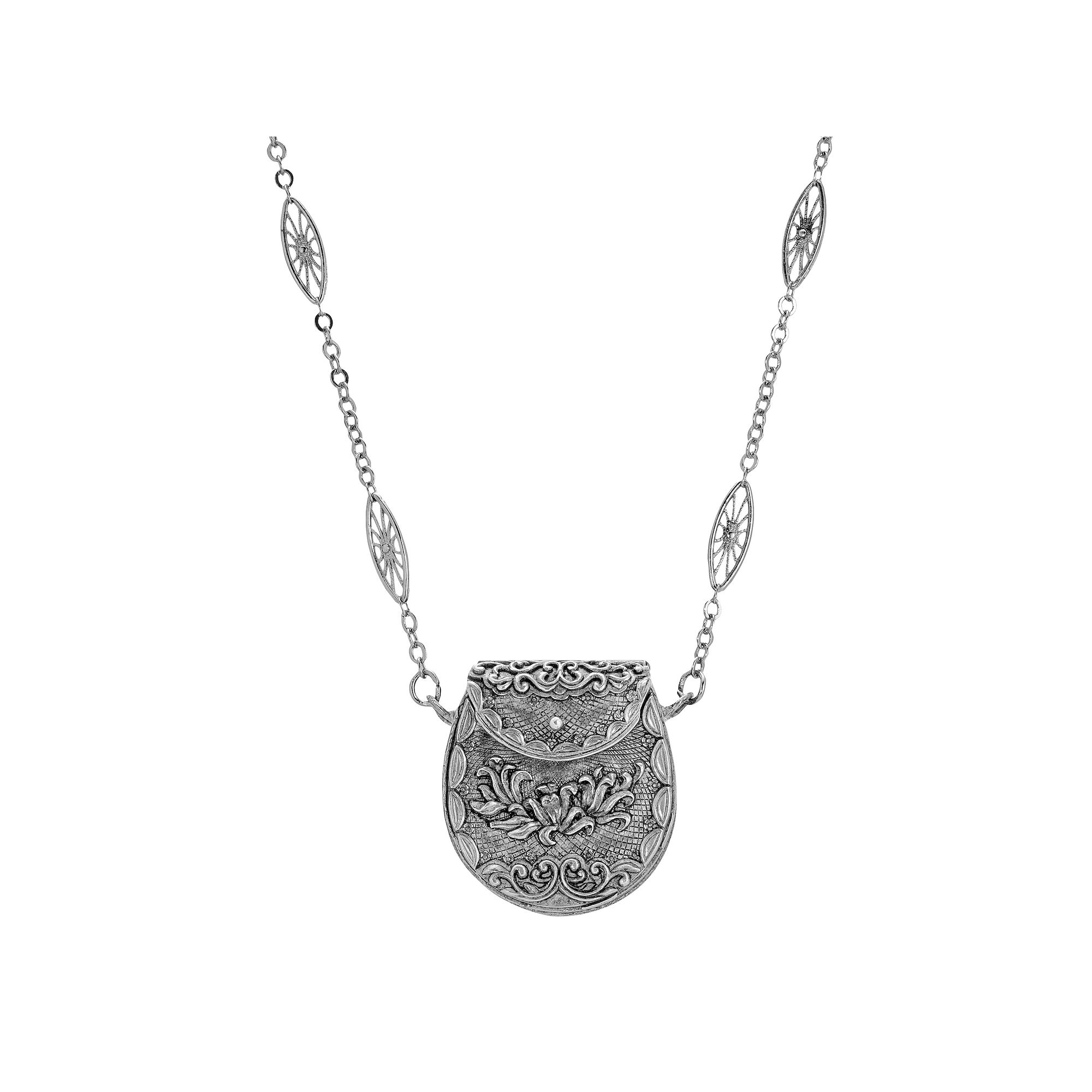 1928 Silver Tone Filigree Pouch Necklace, Womens, Gray