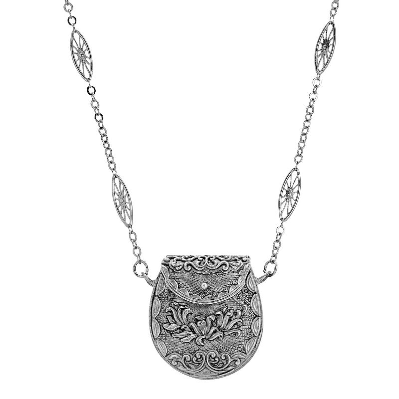 1928 Silver Tone Filigree Pouch Necklace, Womens, Grey