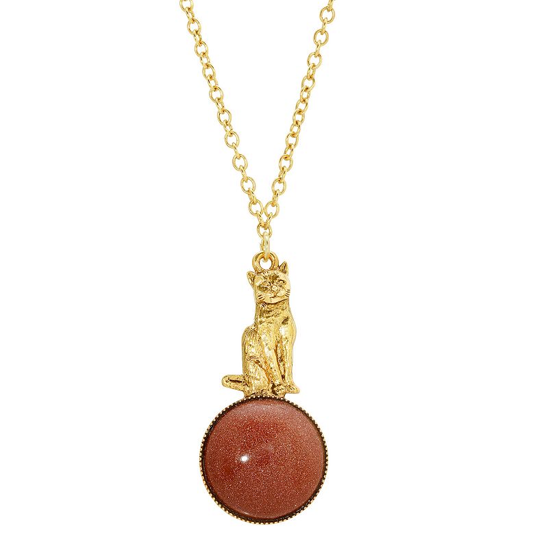 1928 Gold Tone Goldstone Cat Pendant Necklace, Womens